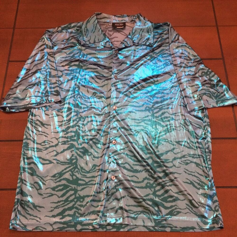 Y2K anchor blue tiger stripe animal print silky button shirt large